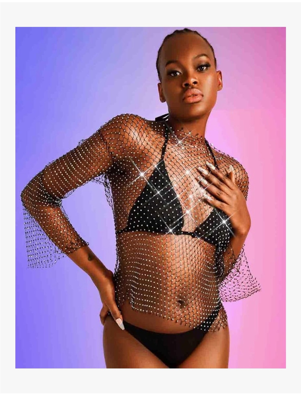Rhinestone Mesh Crop Top - Silver Sparkle